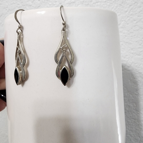 Vintage Black Agate Solid Silver Drop Earrings - Picture 2 of 6